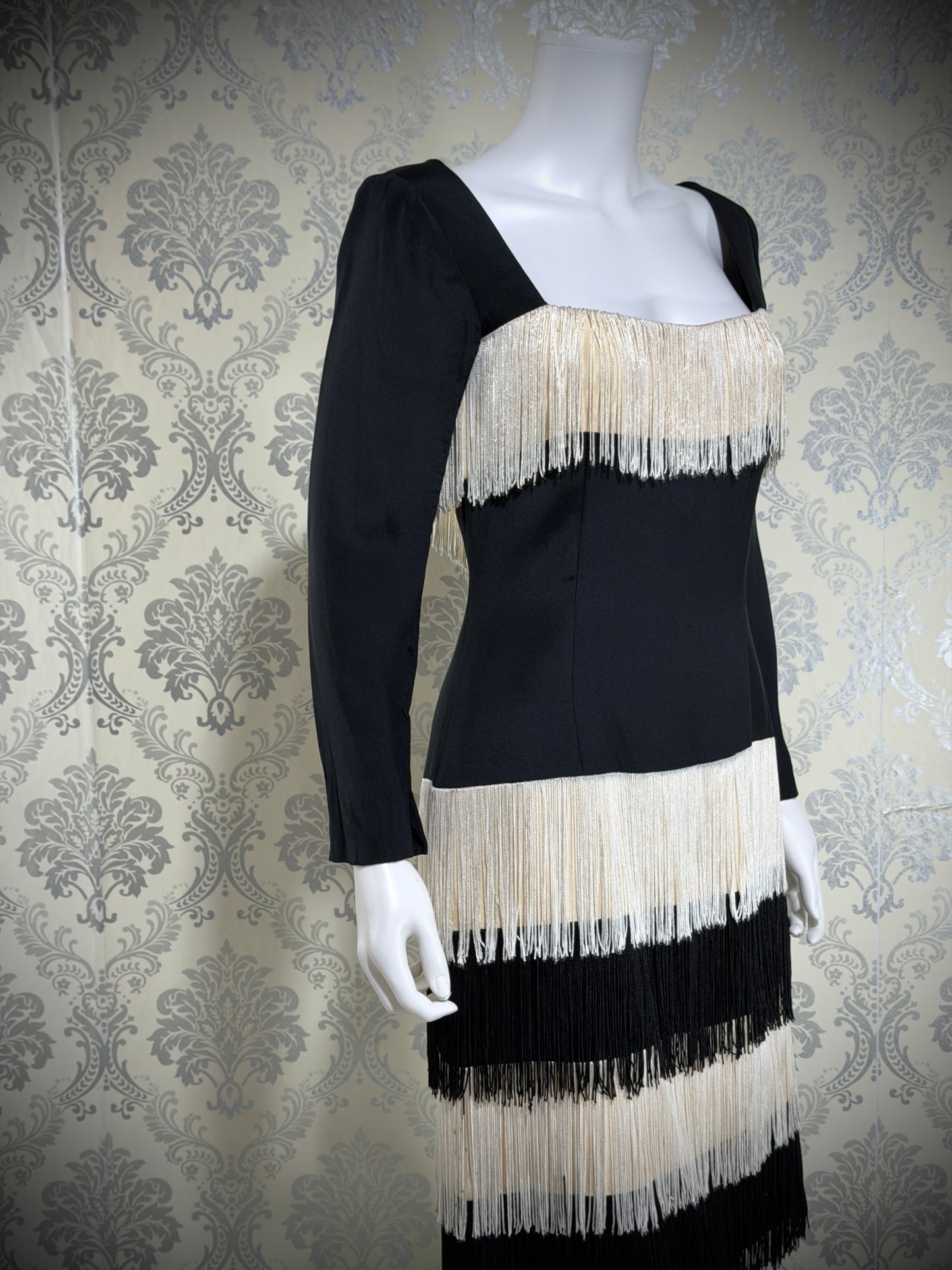 TRAVILLA vintage evening cocktail dress, 1960s black white fringed mod party dress