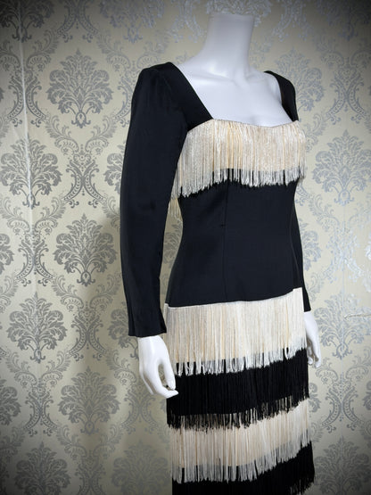 TRAVILLA vintage evening cocktail dress, 1960s black white fringed mod party dress