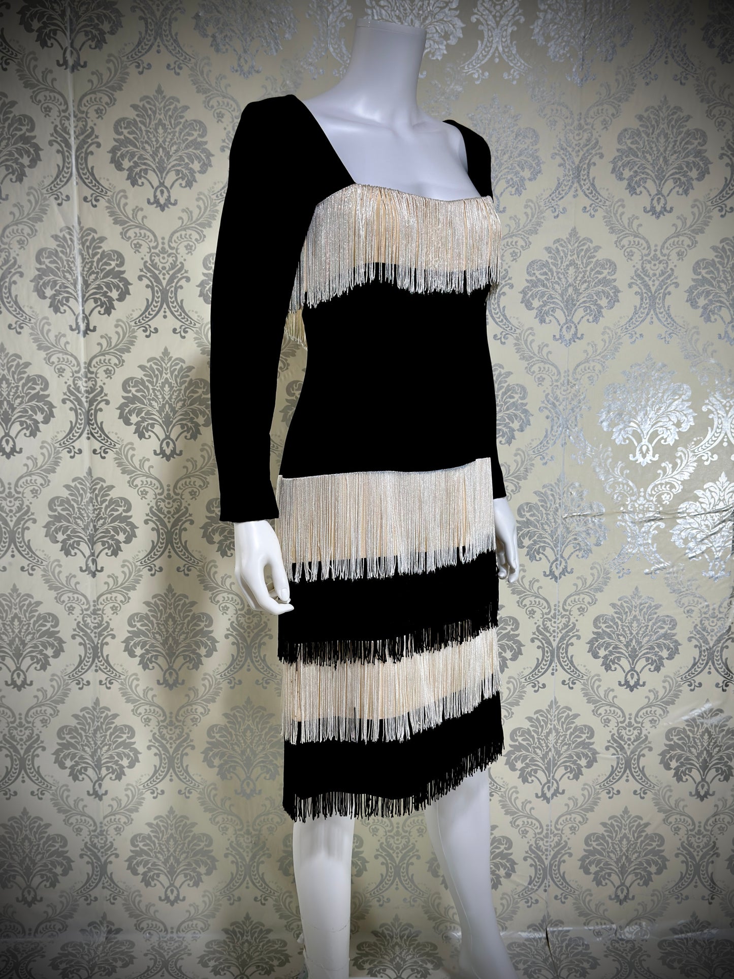 TRAVILLA vintage evening cocktail dress, 1960s black white fringed mod party dress