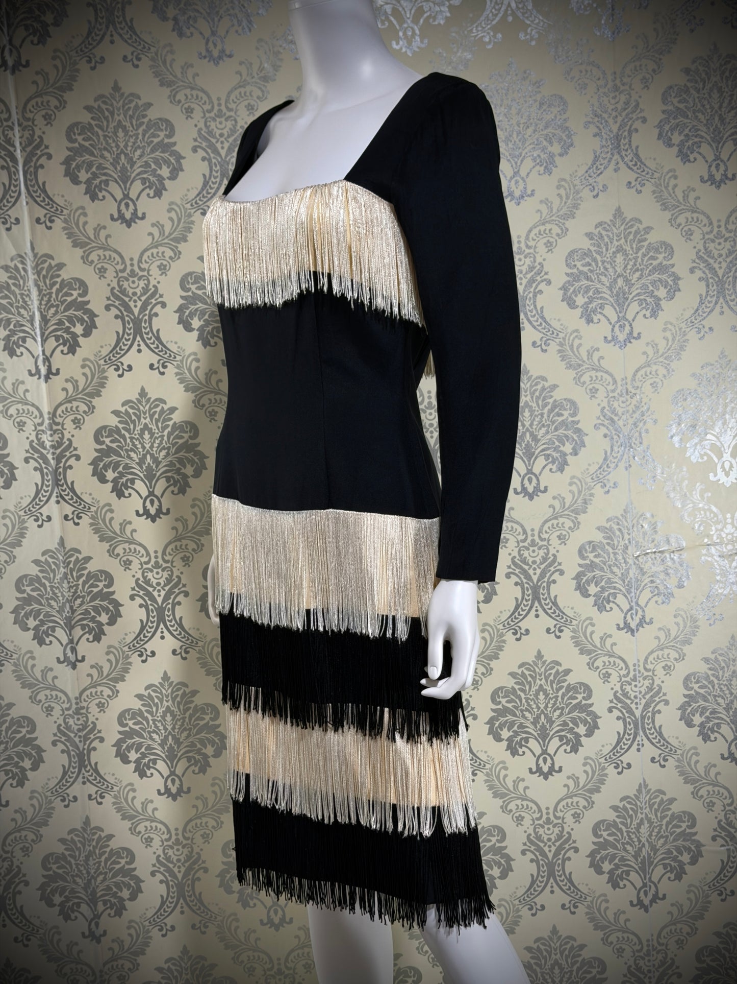 TRAVILLA vintage evening cocktail dress, 1960s black white fringed mod party dress