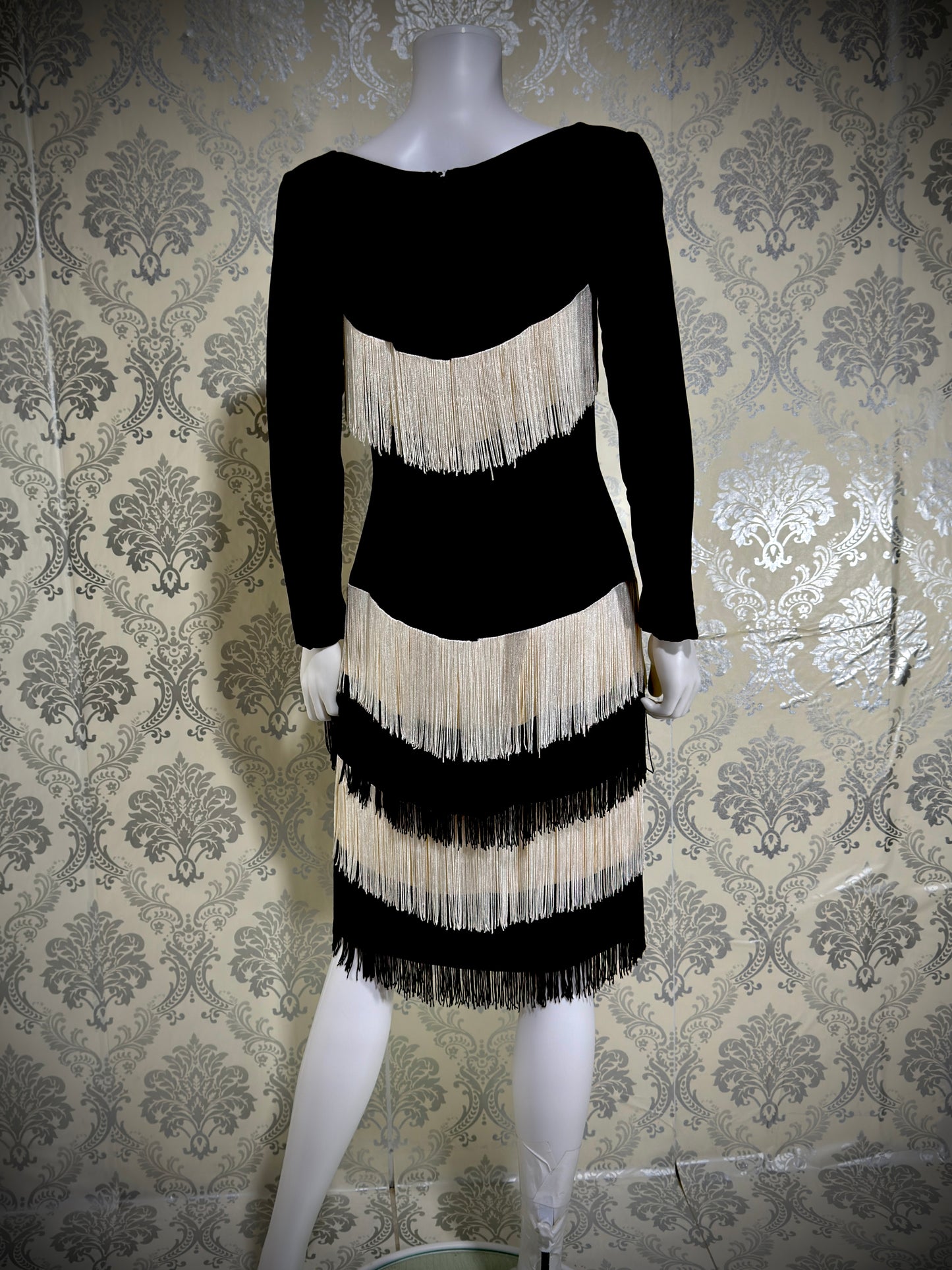 TRAVILLA vintage evening cocktail dress, 1960s black white fringed mod party dress