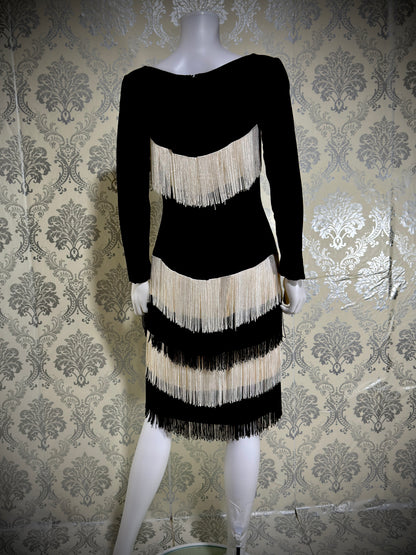 TRAVILLA vintage evening cocktail dress, 1960s black white fringed mod party dress