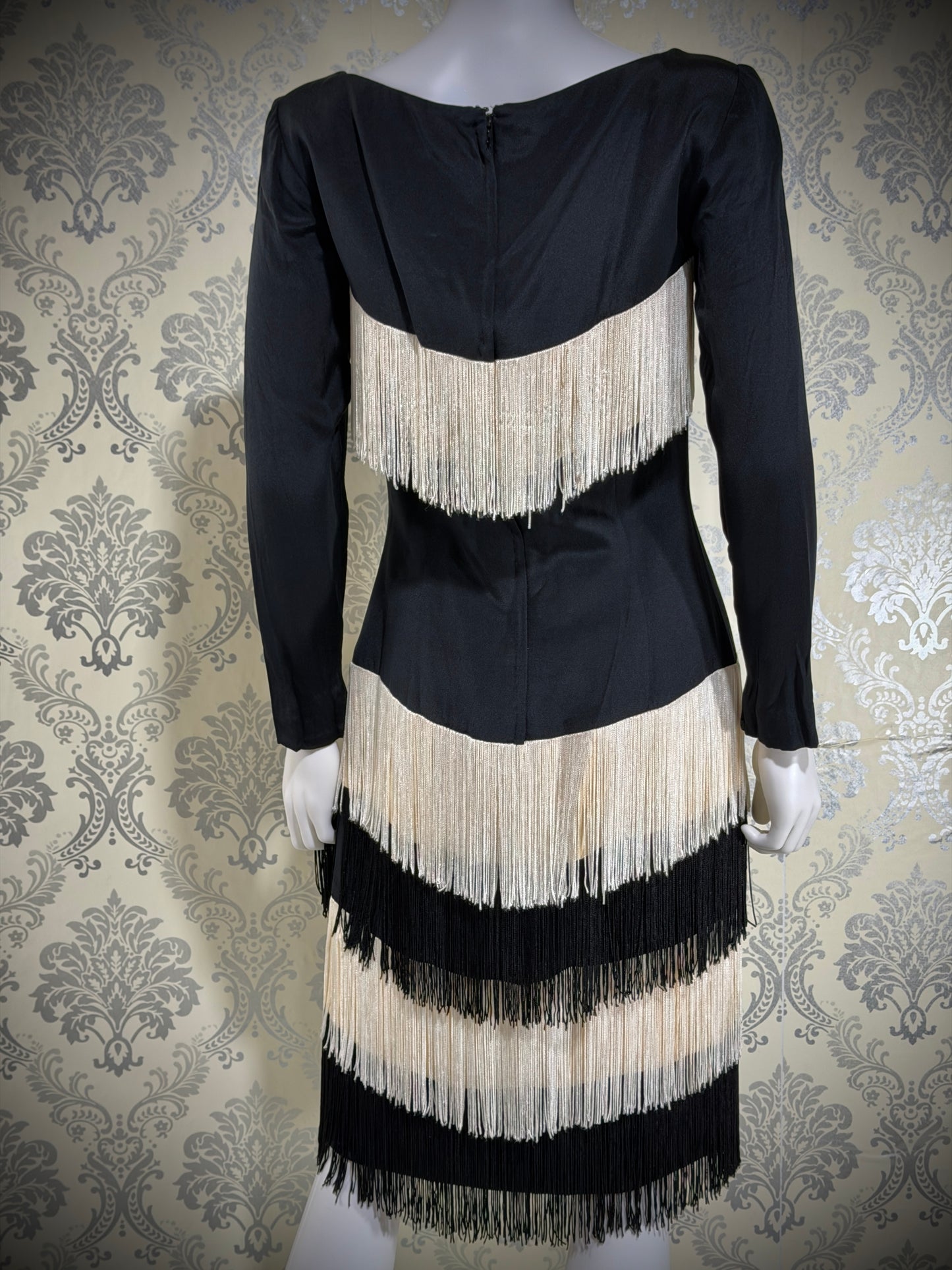 TRAVILLA vintage evening cocktail dress, 1960s black white fringed mod party dress