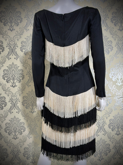 TRAVILLA vintage evening cocktail dress, 1960s black white fringed mod party dress