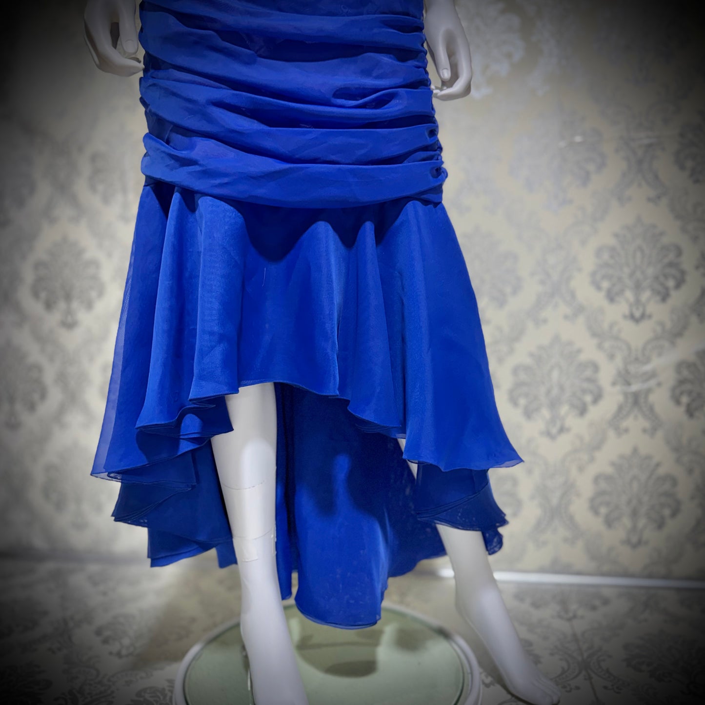 FRANK USHER vintage evening cocktail dress, 1980s Blue Purple high low mummy Party Dress