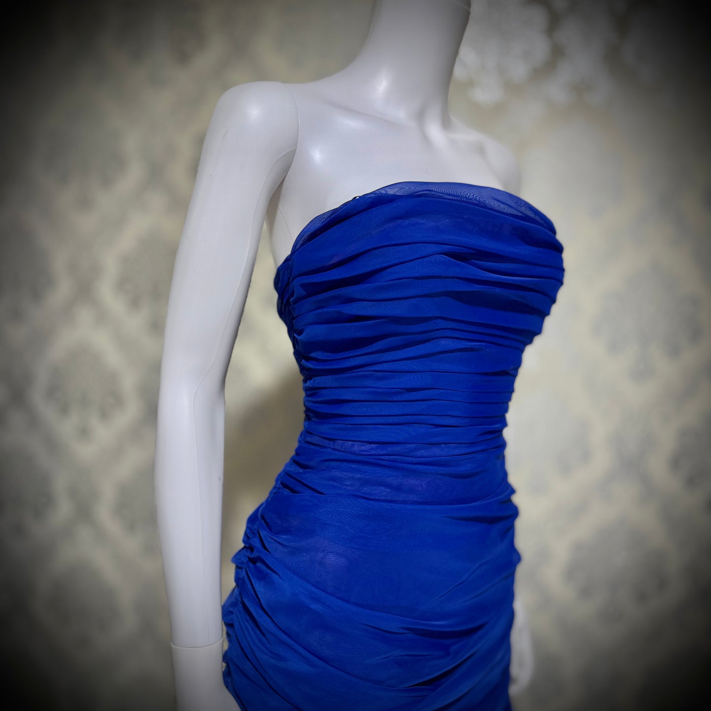 FRANK USHER vintage evening cocktail dress, 1980s Blue Purple high low mummy Party Dress
