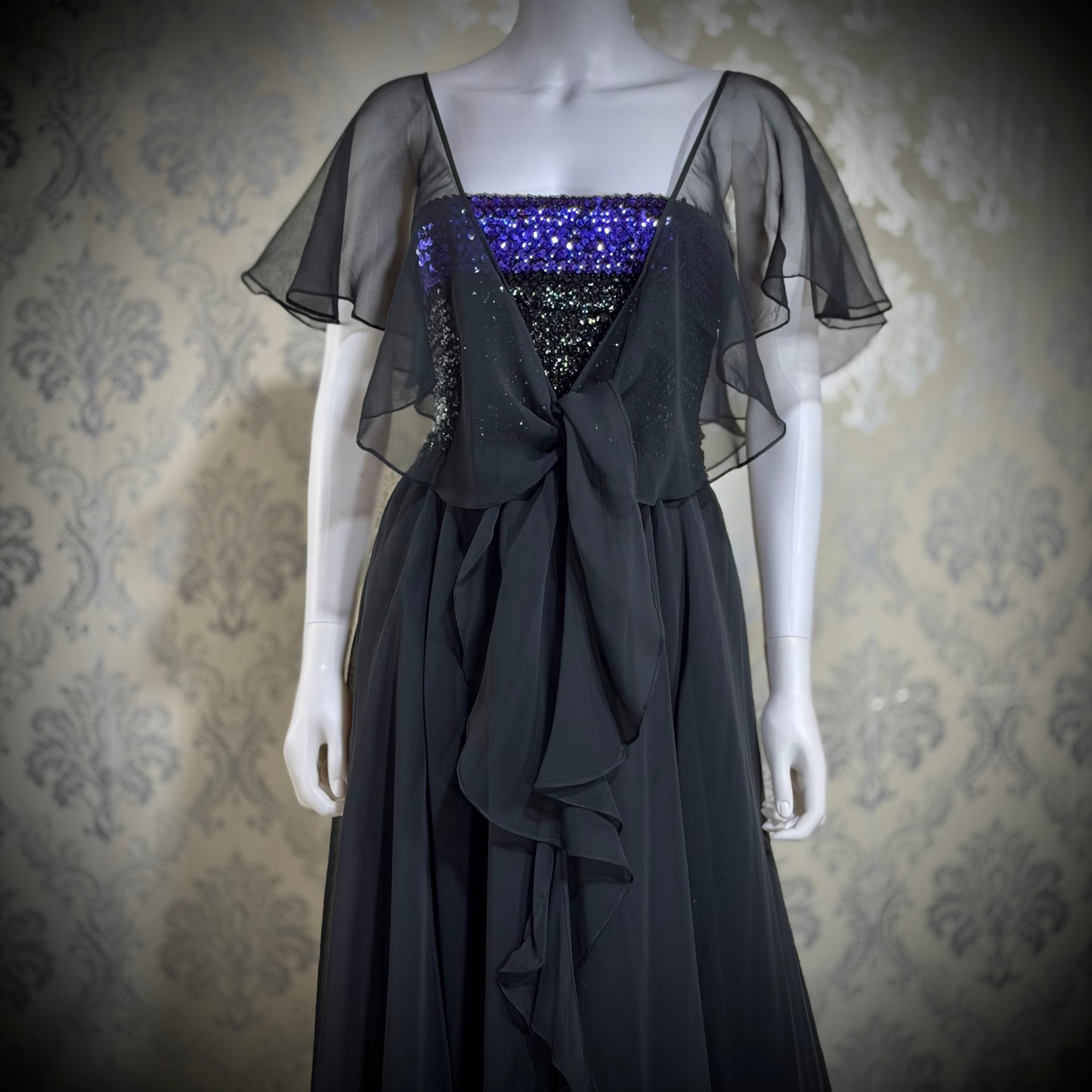 JEAN VARON, Made in England, vintage 1970s sequin and chiffon scarf evening dress