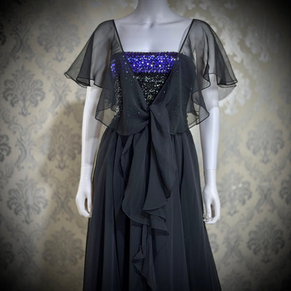 JEAN VARON, Made in England, vintage 1970s sequin and chiffon scarf evening dress