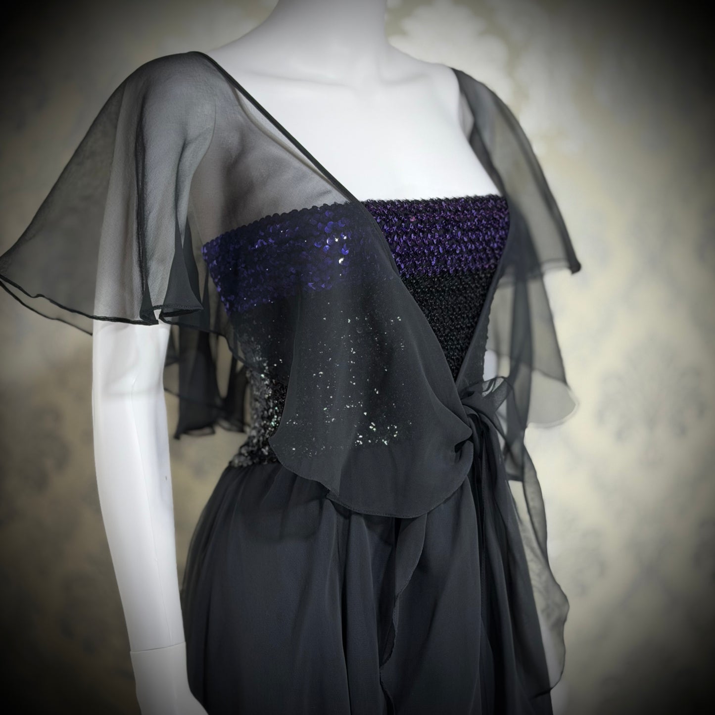 JEAN VARON, Made in England, vintage 1970s sequin and chiffon scarf evening dress