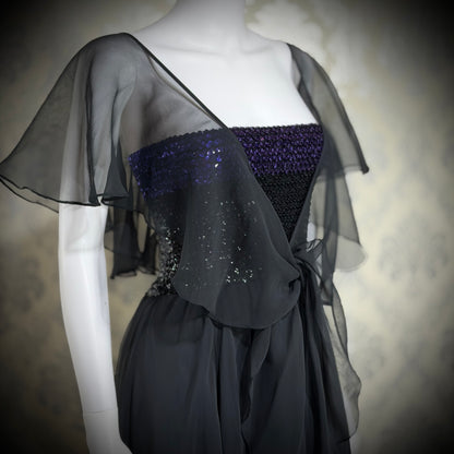 JEAN VARON, Made in England, vintage 1970s sequin and chiffon scarf evening dress