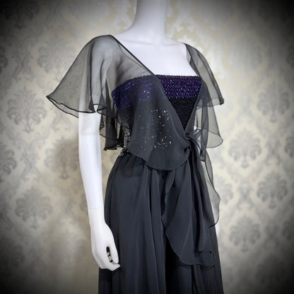 JEAN VARON, Made in England, vintage 1970s sequin and chiffon scarf evening dress