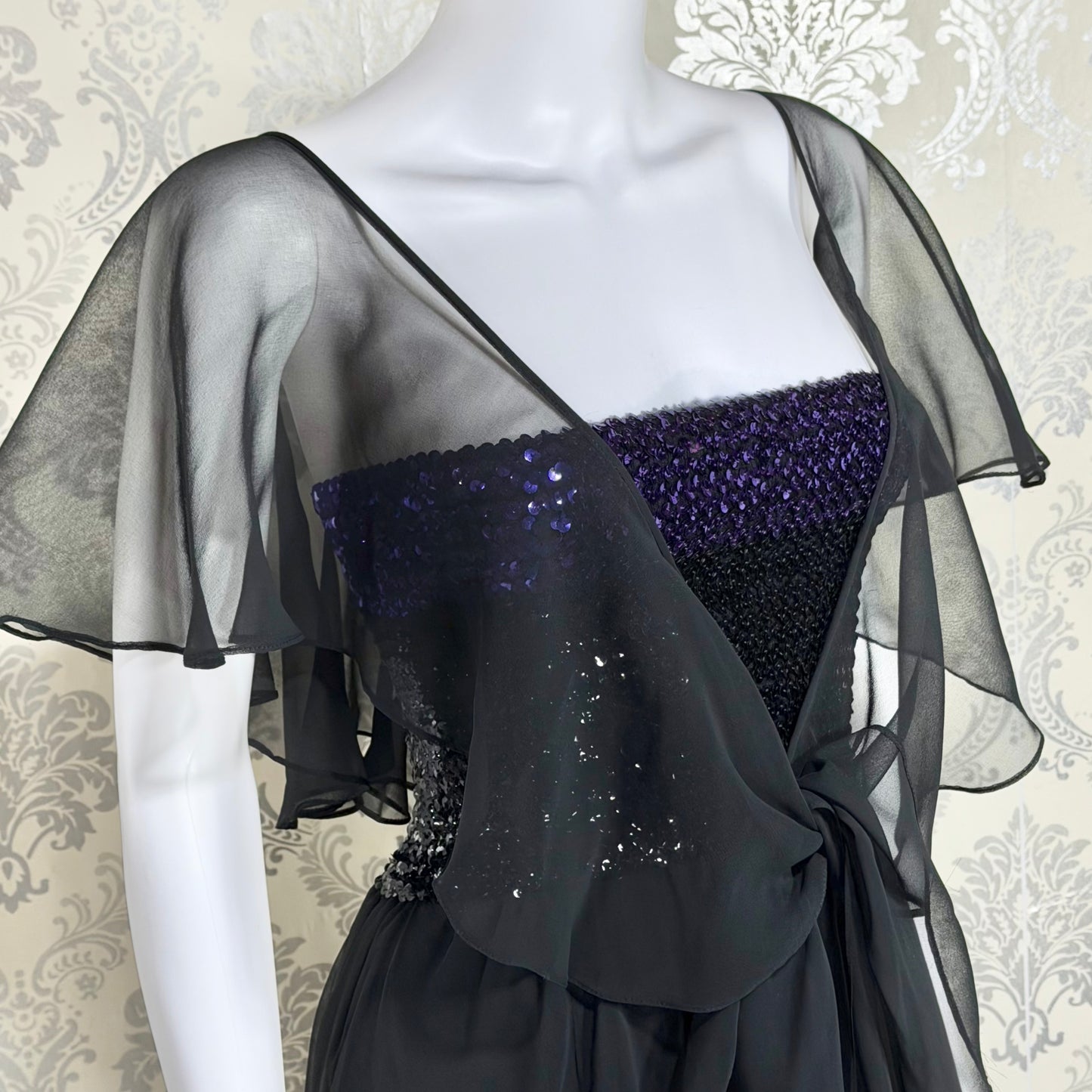 JEAN VARON, Made in England, vintage 1970s sequin and chiffon scarf evening dress