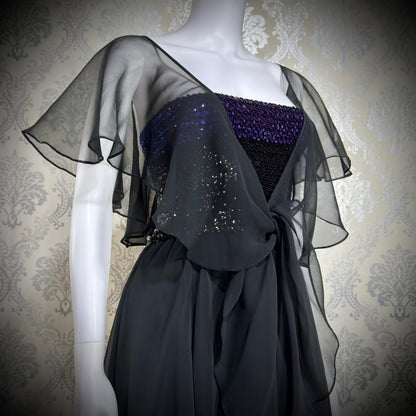 JEAN VARON, Made in England, vintage 1970s sequin and chiffon scarf evening dress