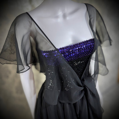 JEAN VARON, Made in England, vintage 1970s sequin and chiffon scarf evening dress