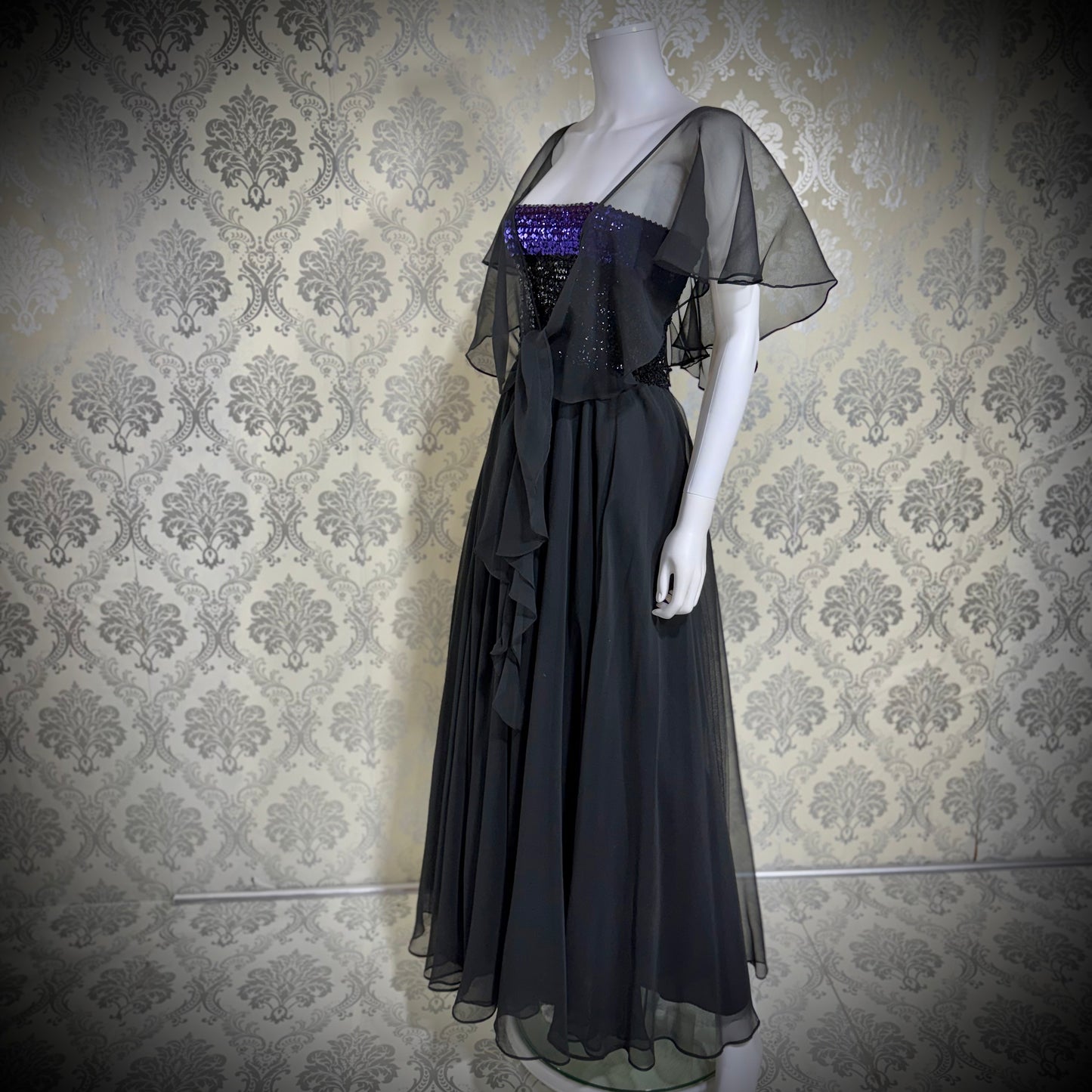JEAN VARON, Made in England, vintage 1970s sequin and chiffon scarf evening dress