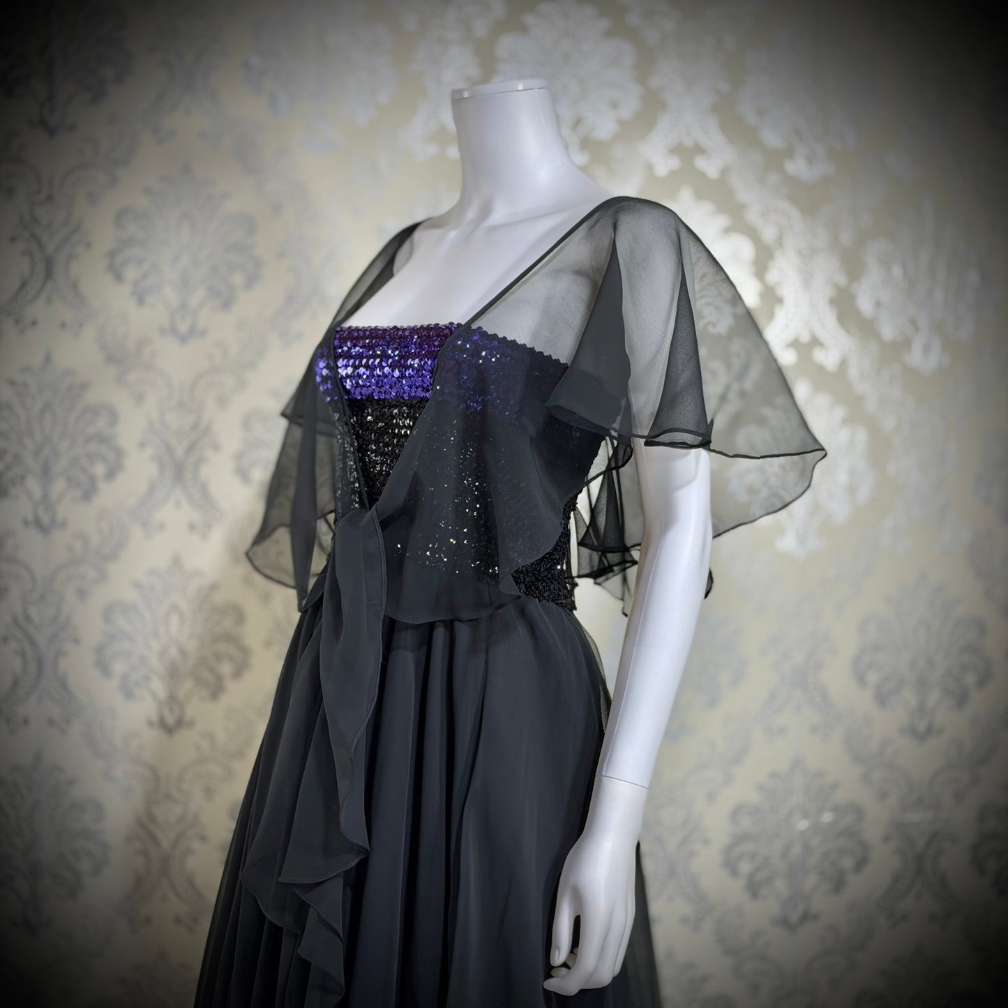 JEAN VARON, Made in England, vintage 1970s sequin and chiffon scarf evening dress