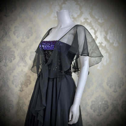 JEAN VARON, Made in England, vintage 1970s sequin and chiffon scarf evening dress