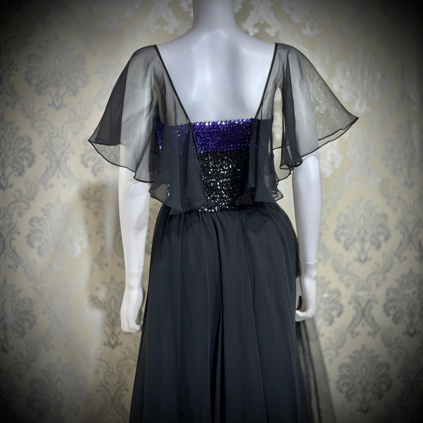 JEAN VARON, Made in England, vintage 1970s sequin and chiffon scarf evening dress