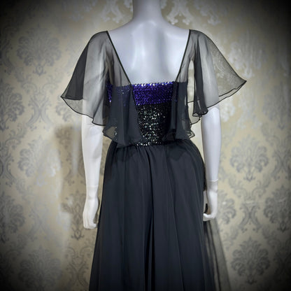 JEAN VARON, Made in England, vintage 1970s sequin and chiffon scarf evening dress