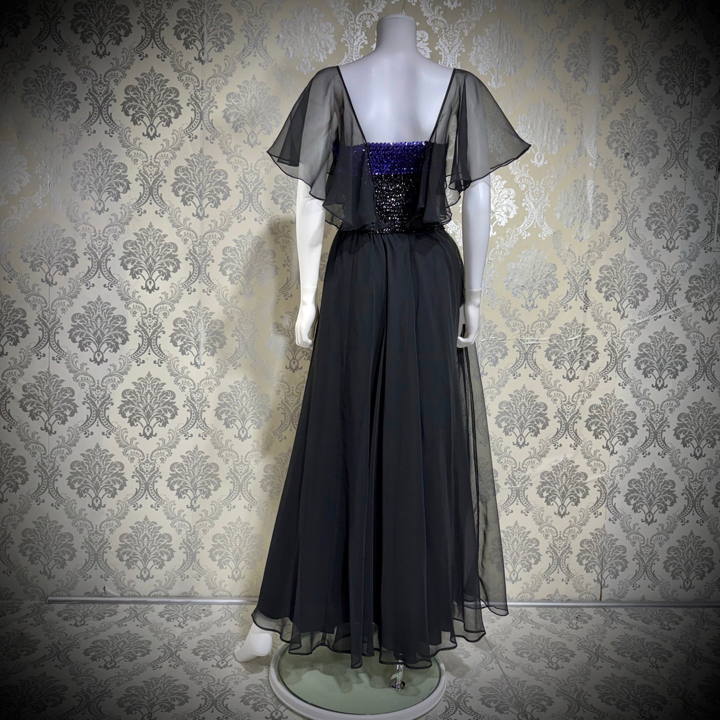 JEAN VARON, Made in England, vintage 1970s sequin and chiffon scarf evening dress