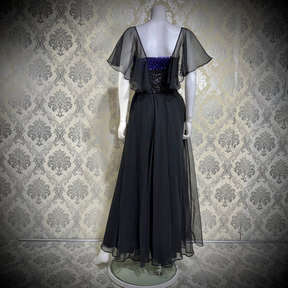 JEAN VARON, Made in England, vintage 1970s sequin and chiffon scarf evening dress