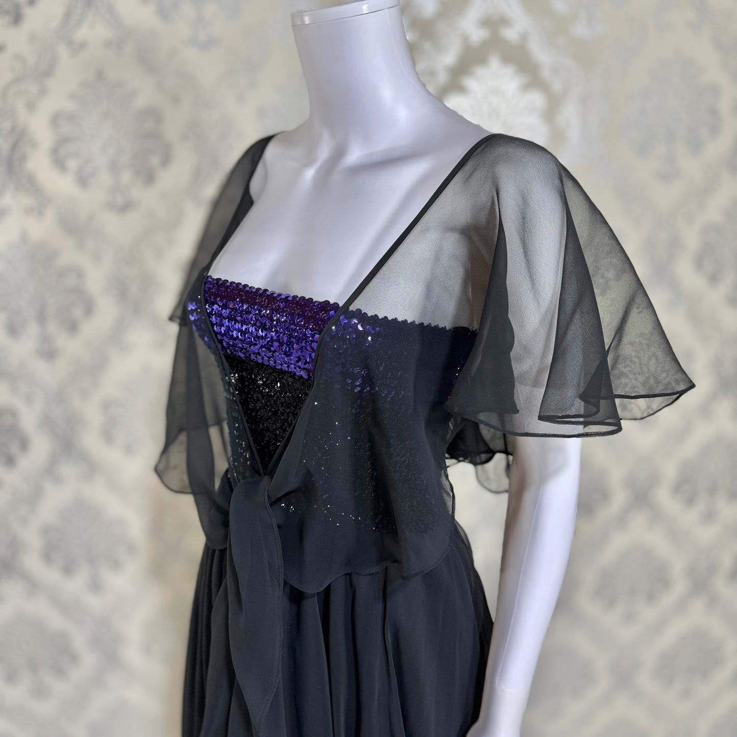 JEAN VARON, Made in England, vintage 1970s sequin and chiffon scarf evening dress