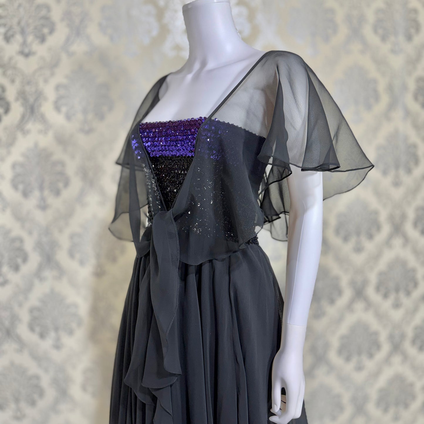 JEAN VARON, Made in England, vintage 1970s sequin and chiffon scarf evening dress