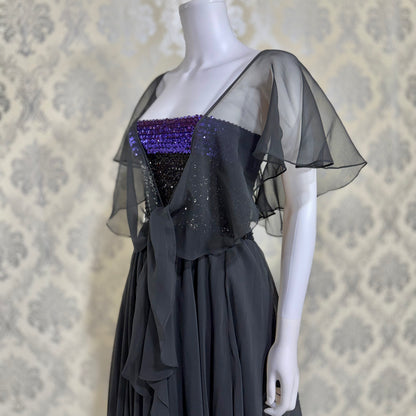 JEAN VARON, Made in England, vintage 1970s sequin and chiffon scarf evening dress