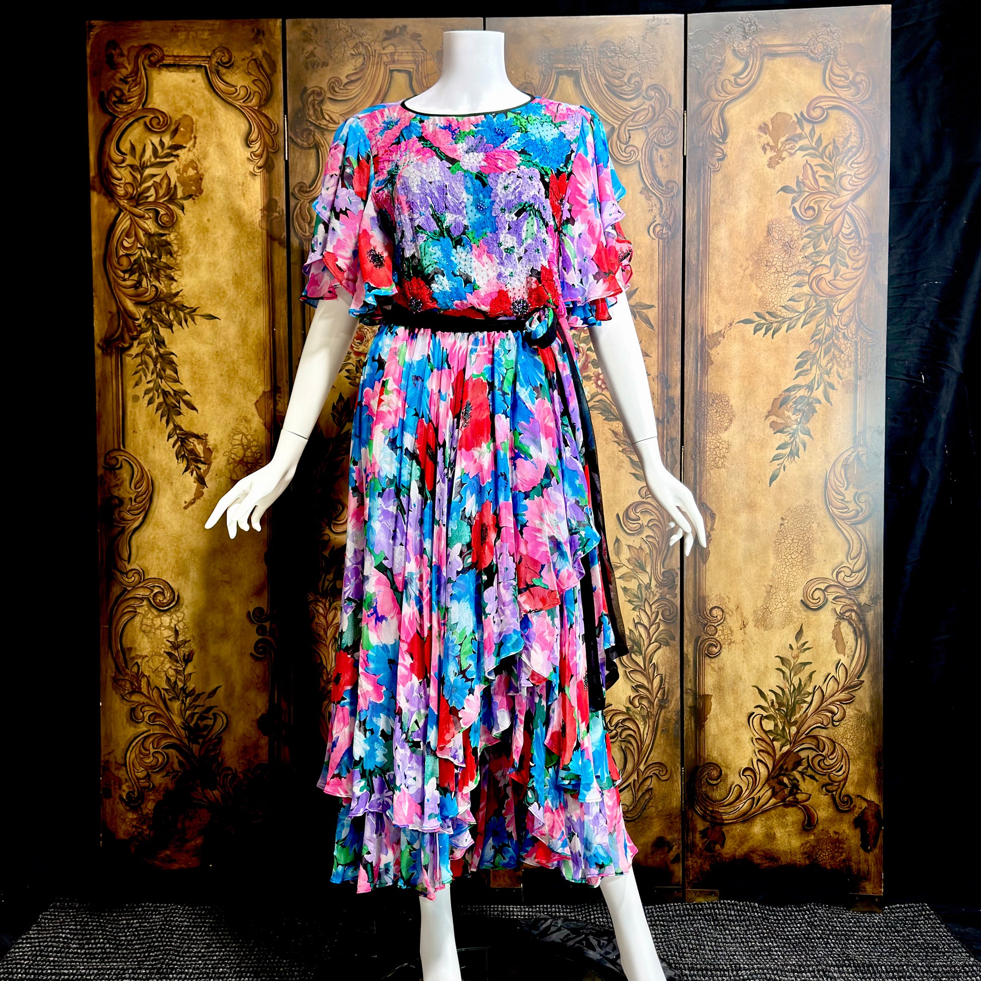 DIANE FREIS vintage 1980s silk dress, Neiman Marcus floral gypsy dress, flutter sleeves high low ruffle cocktail dress