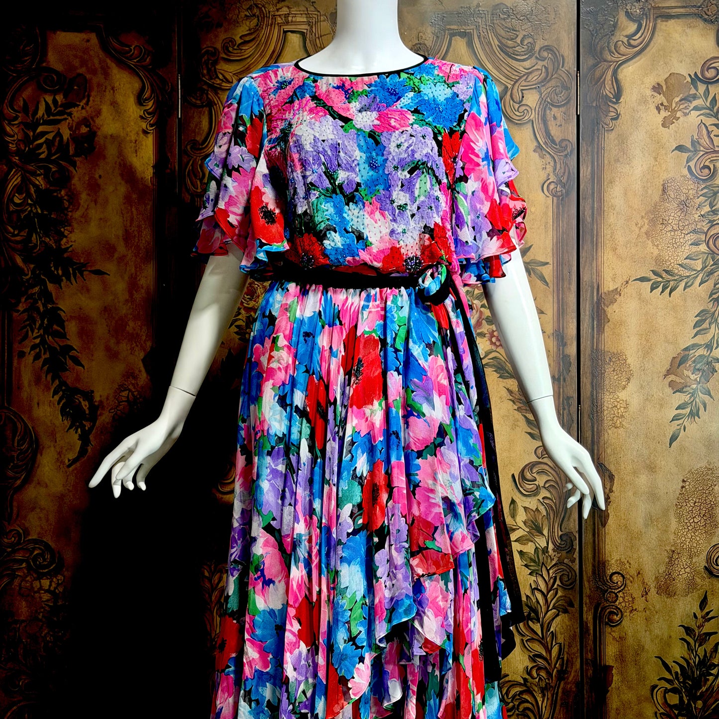 DIANE FREIS vintage 1980s silk dress, Neiman Marcus floral gypsy dress, flutter sleeves high low ruffle cocktail dress