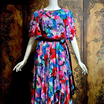 DIANE FREIS vintage 1980s silk dress, Neiman Marcus floral gypsy dress, flutter sleeves high low ruffle cocktail dress