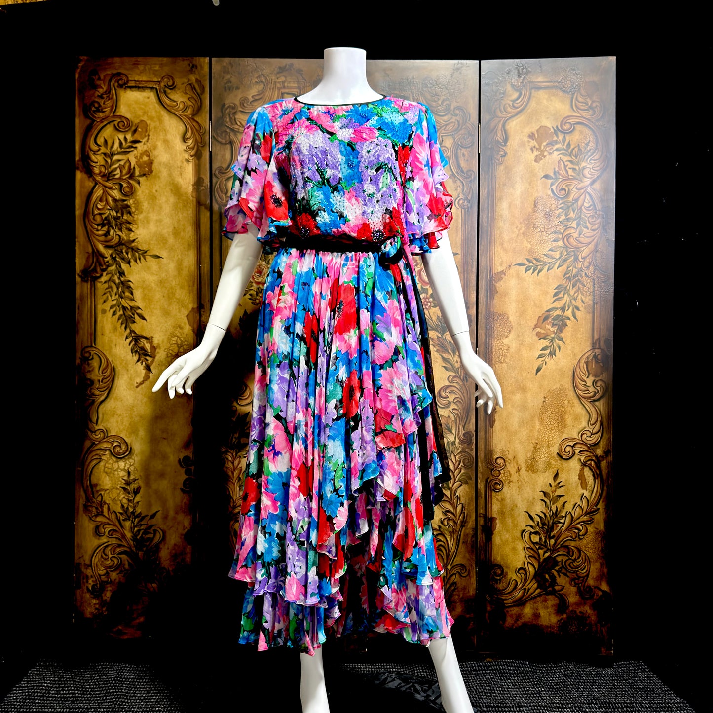 DIANE FREIS vintage 1980s silk dress, Neiman Marcus floral gypsy dress, flutter sleeves high low ruffle cocktail dress