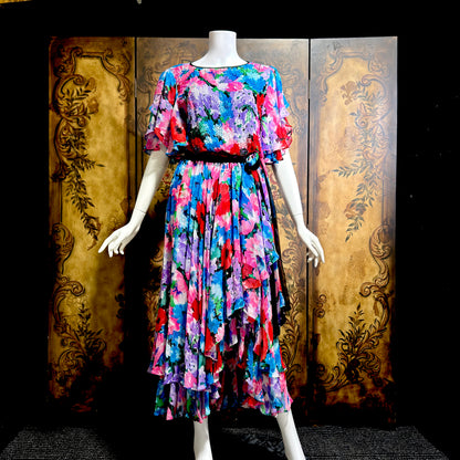 DIANE FREIS vintage 1980s silk dress, Neiman Marcus floral gypsy dress, flutter sleeves high low ruffle cocktail dress