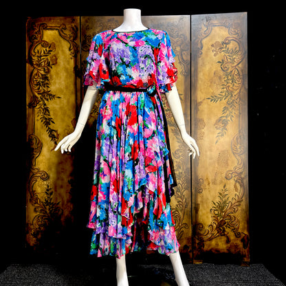 DIANE FREIS vintage 1980s silk dress, Neiman Marcus floral gypsy dress, flutter sleeves high low ruffle cocktail dress