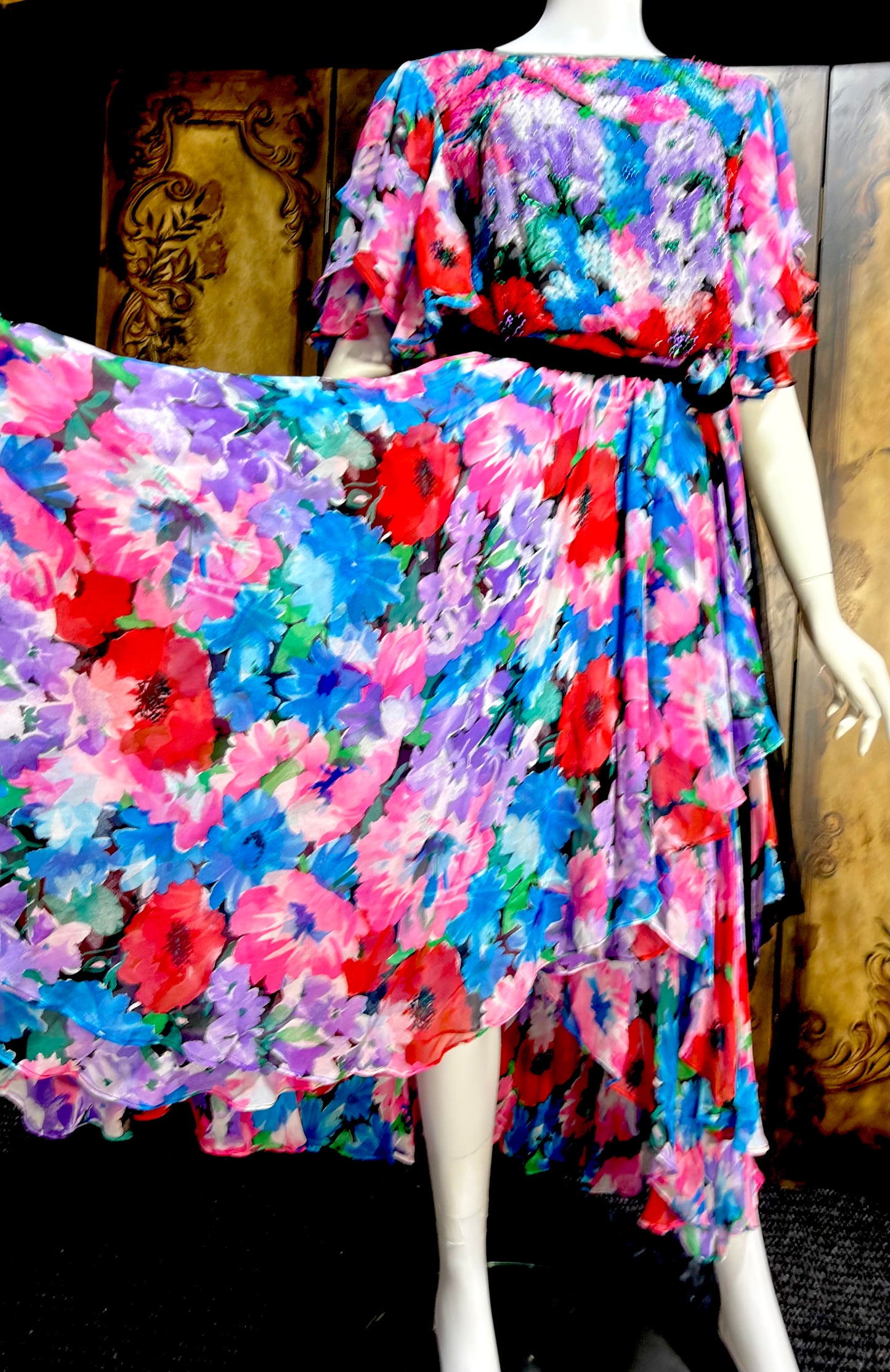 DIANE FREIS vintage 1980s silk dress, Neiman Marcus floral gypsy dress, flutter sleeves high low ruffle cocktail dress