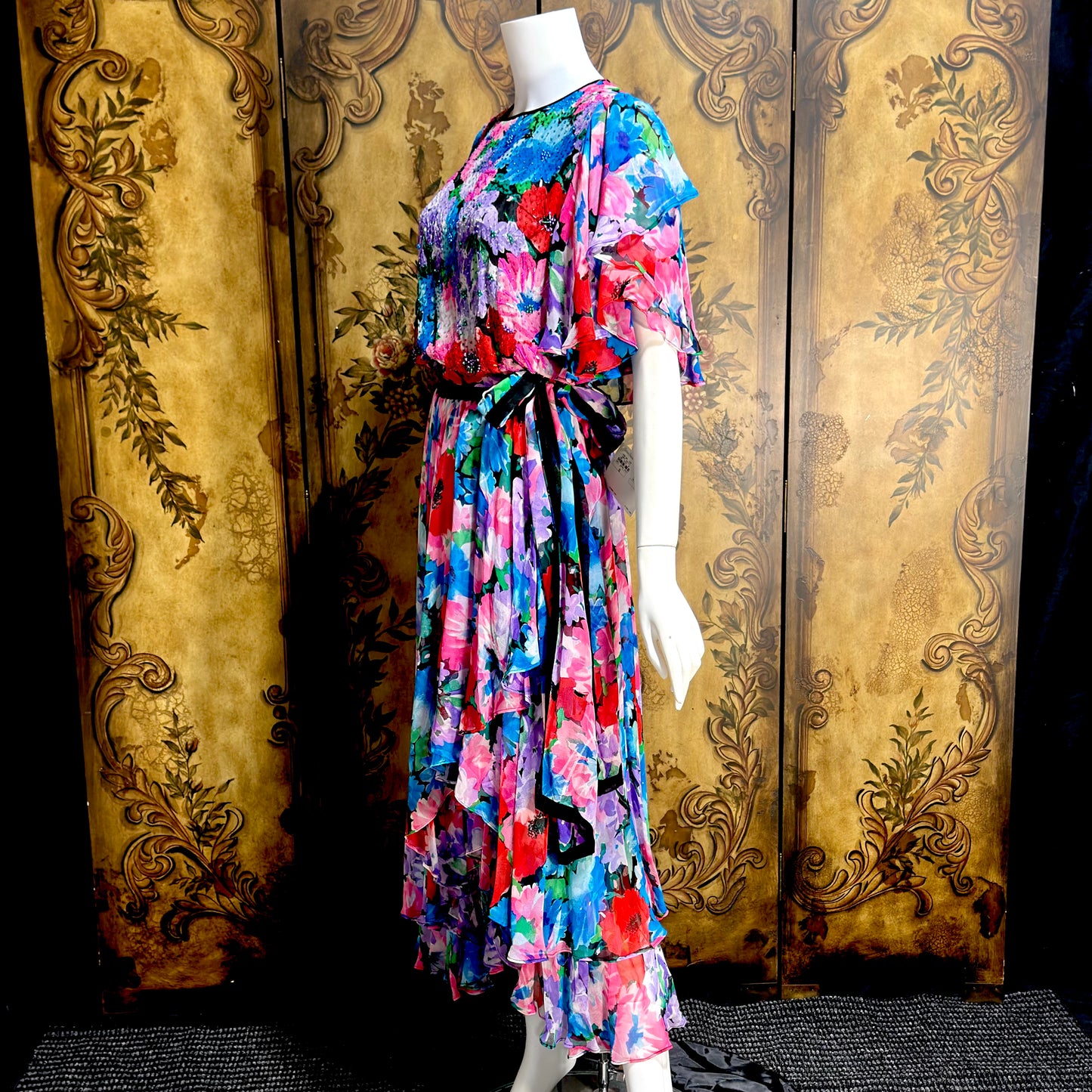 DIANE FREIS vintage 1980s silk dress, Neiman Marcus floral gypsy dress, flutter sleeves high low ruffle cocktail dress