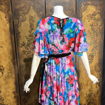 DIANE FREIS vintage 1980s silk dress, Neiman Marcus floral gypsy dress, flutter sleeves high low ruffle cocktail dress