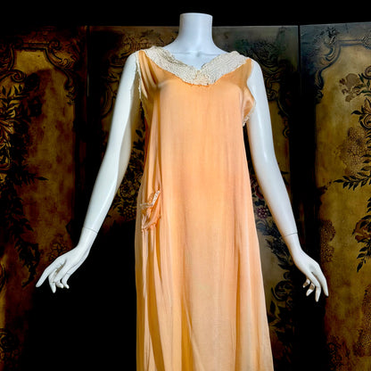1920s vintage nightgown slip dress, peach sorbet silk shift lingerie dress