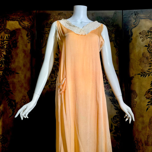 1920s vintage nightgown slip dress, peach sorbet silk shift lingerie dress