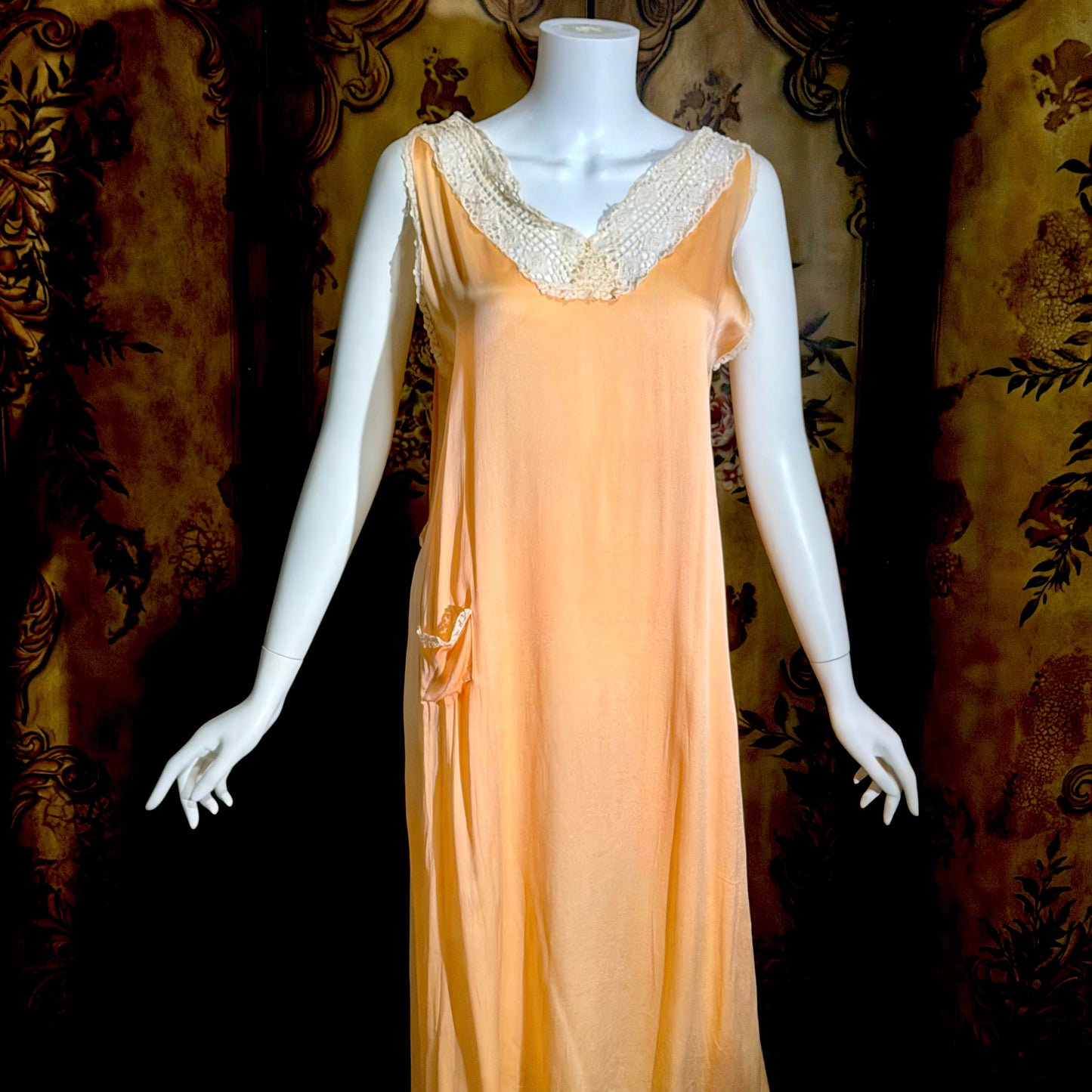 1920s vintage nightgown slip dress, peach sorbet silk shift lingerie dress
