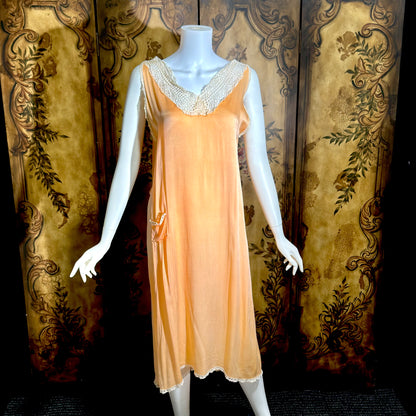 1920s vintage nightgown slip dress, peach sorbet silk shift lingerie dress