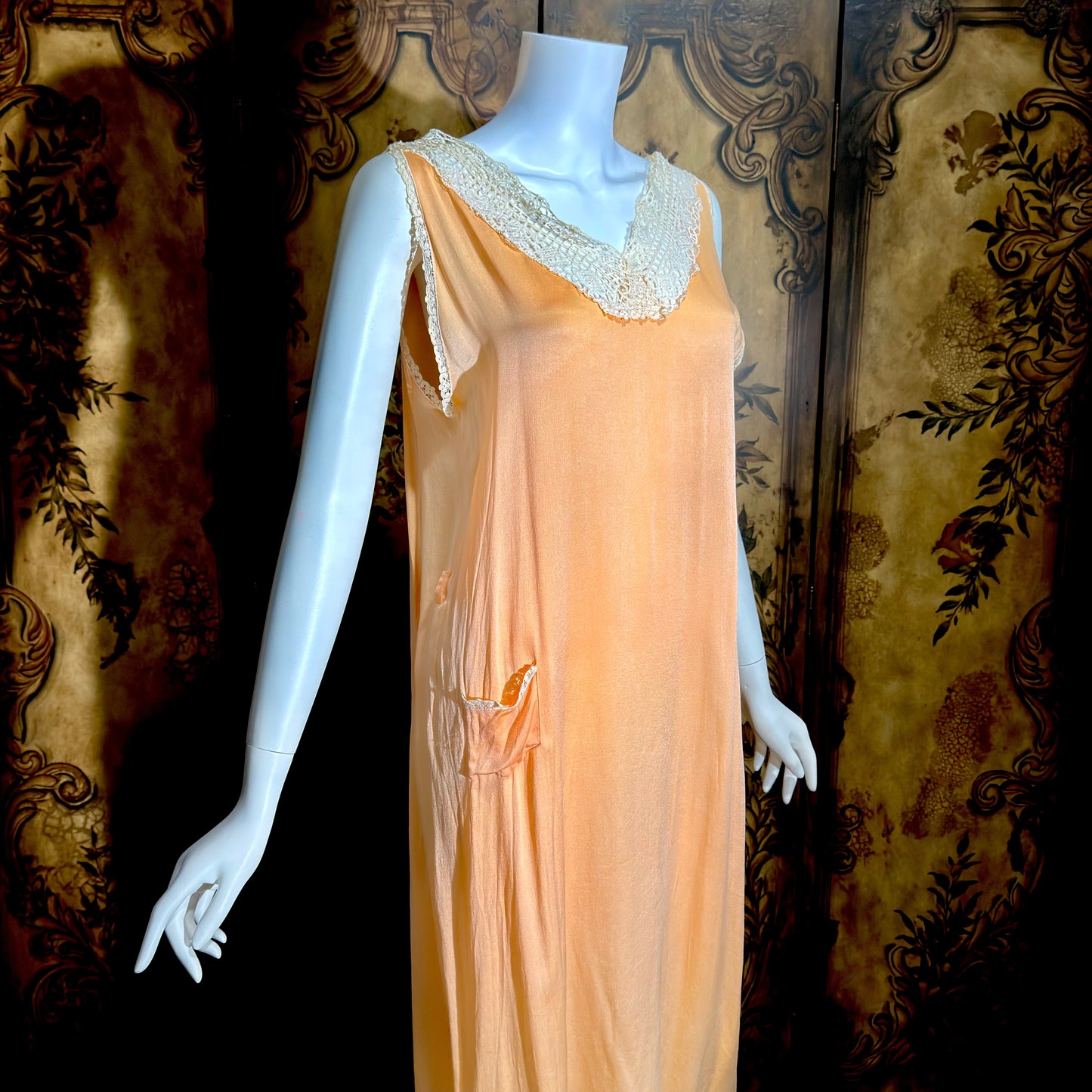 1920s vintage nightgown slip dress, peach sorbet silk shift lingerie dress