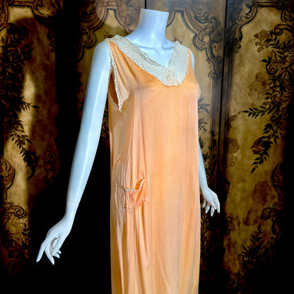 1920s vintage nightgown slip dress, peach sorbet silk shift lingerie dress