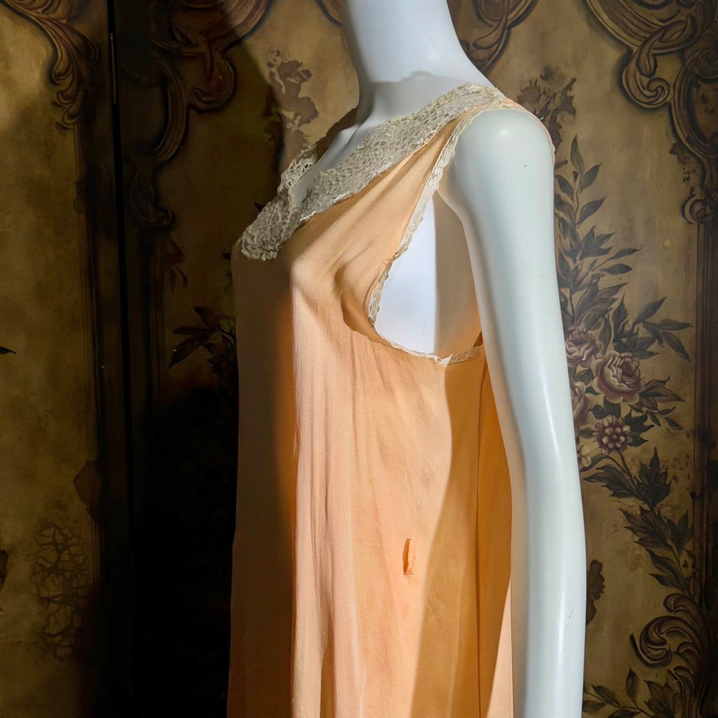 1920s vintage nightgown slip dress, peach sorbet silk shift lingerie dress