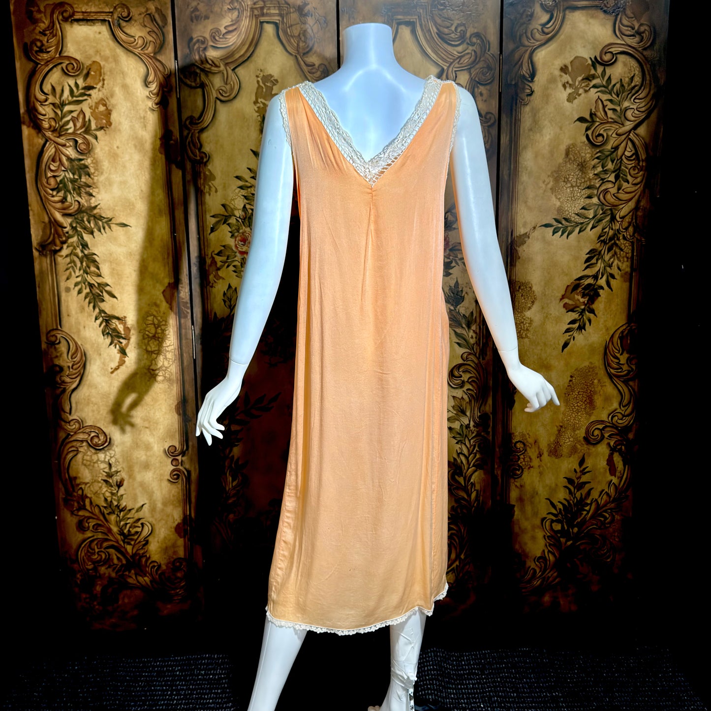 1920s vintage nightgown slip dress, peach sorbet silk shift lingerie dress