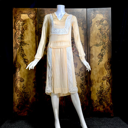 1920s vintage antique flapper dress, creamy yellow Hungarian style day dress with white lace