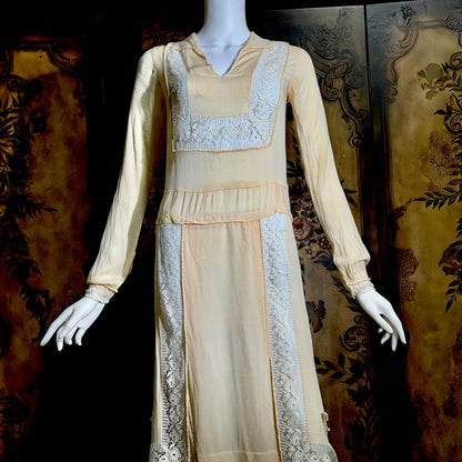 1920s vintage antique flapper dress, creamy yellow Hungarian style day dress with white lace