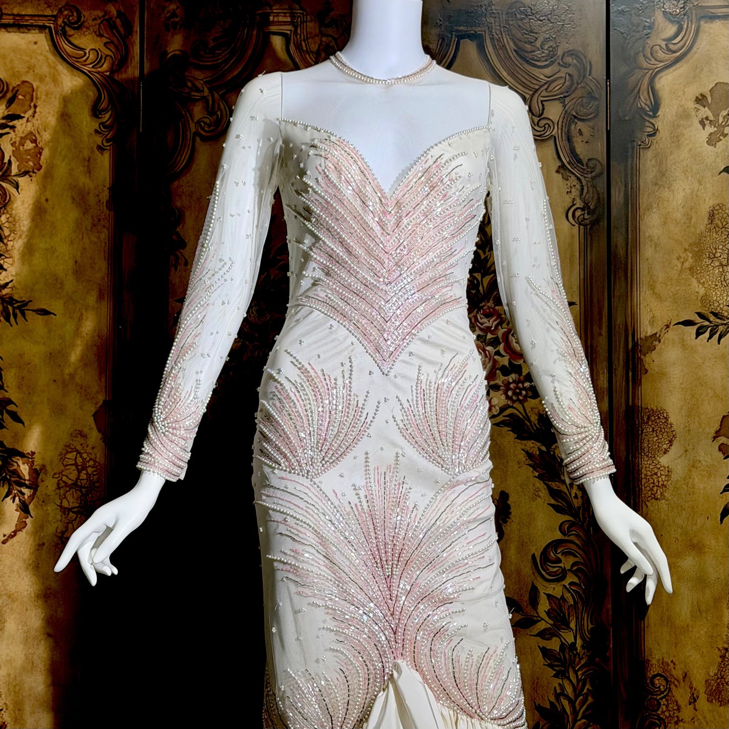 CARLOTA ALFARO, vintage 1980s wedding evening gown, White pink beaded mermaid dress