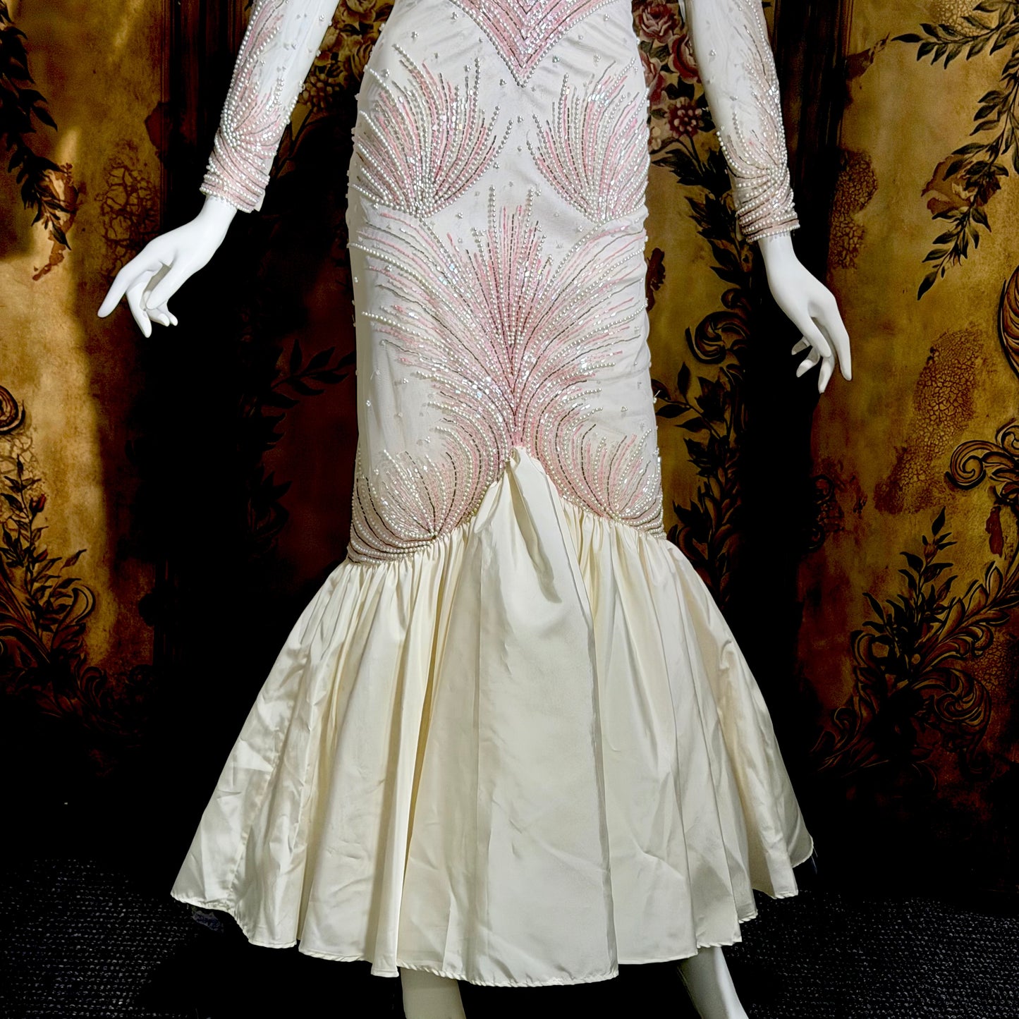 CARLOTA ALFARO, vintage 1980s wedding evening gown, White pink beaded mermaid dress