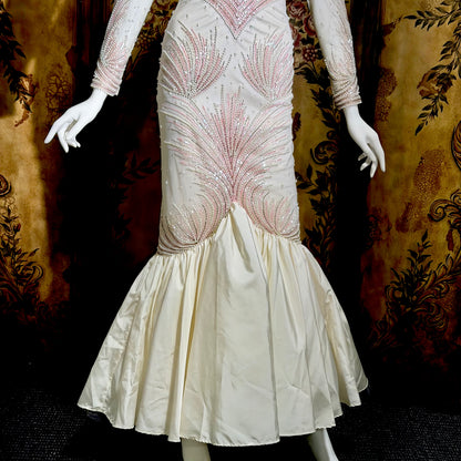 CARLOTA ALFARO, vintage 1980s wedding evening gown, White pink beaded mermaid dress